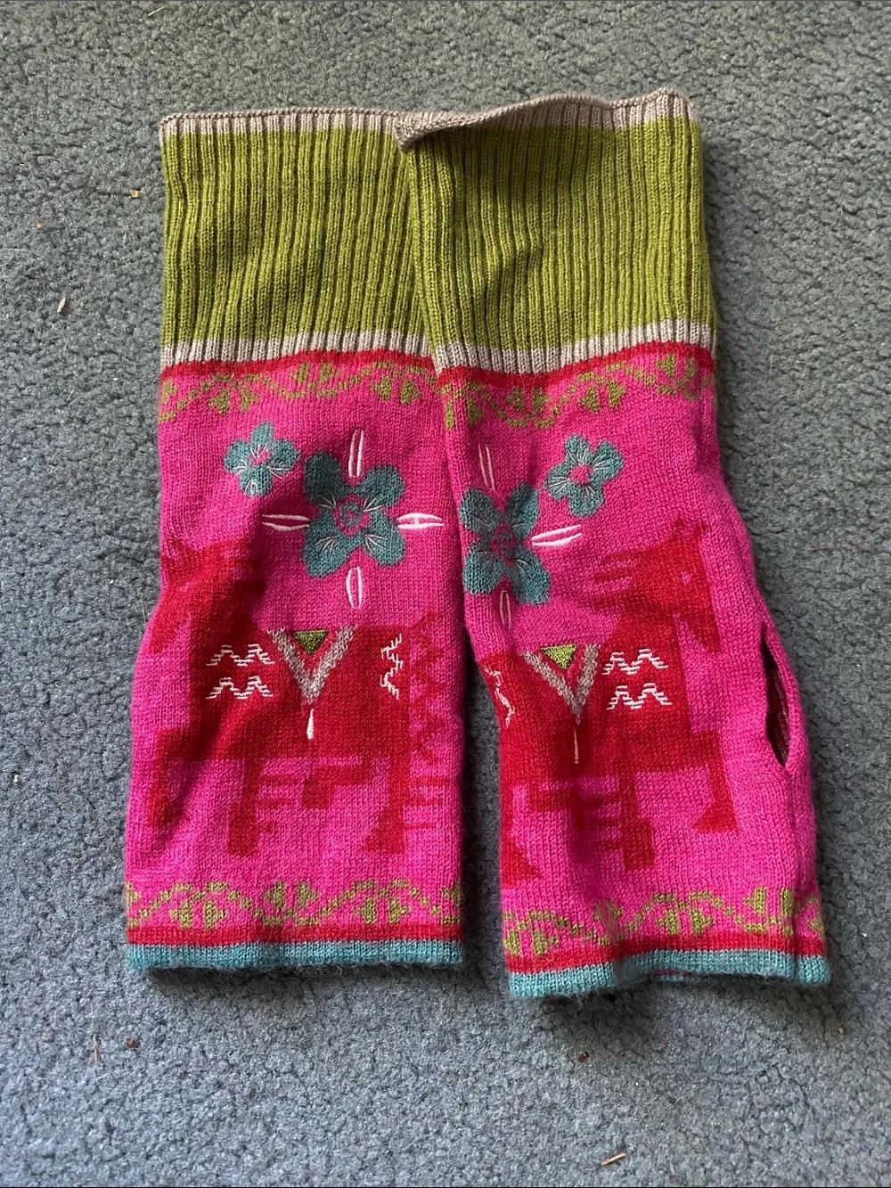 Pink & Green Vibrant Horse Motif Fingerless Gloves.